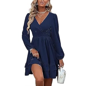 MAFA Vestiti Casual da Donna Estivi Autunno Elegante a Pois Abito a Maniche Lunghe Vestito Scollo V Abiti Corto con Volant e Vita Alta