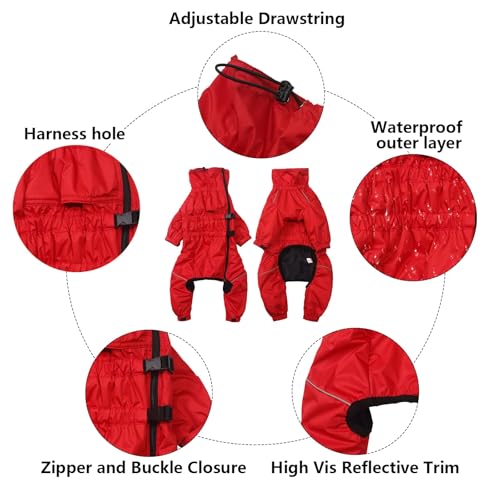 babepet Hunde Wintermantel 1/2 Hosenanzug mit Beinen, Wasserdicht Regendicht Hund Jumpsuit mit Fleece Futter, Winddicht, reflektierend, für Kleine und mittelgroße Hunde-Rot-M