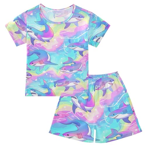 ALAZA Cute Shark Rainbow Water Pajamas Short Sleeve 2 Piece Sleepwear Top and Bottom Pajama Set Unisex
