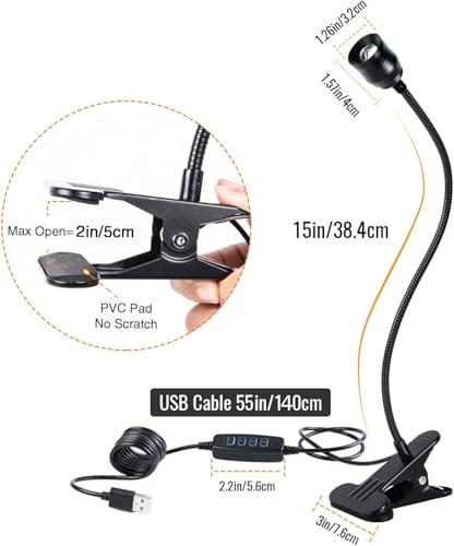 Image of Zoomable Clip on Lamp, USB LED Clamp Reading Light for Dorm Bed Headboard, Dimmable Spotlight with 3 Color Temperature Options, 10 Brightness Levels for Working, Studying, Sewing