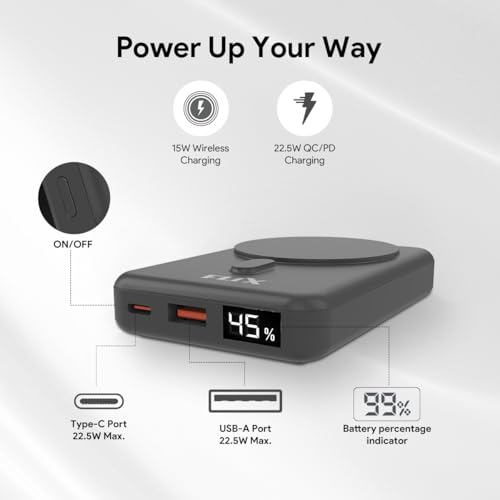 Image of FLiX MagConnect Elite 10,000mAh 15W Magnetic Wireless Output,22.5W QC Pocket Power Delivery PPS,Type C & Type A Input /Output,Rapid Charge,LED Display,Perfect for iPhone 12,13,14(Black)