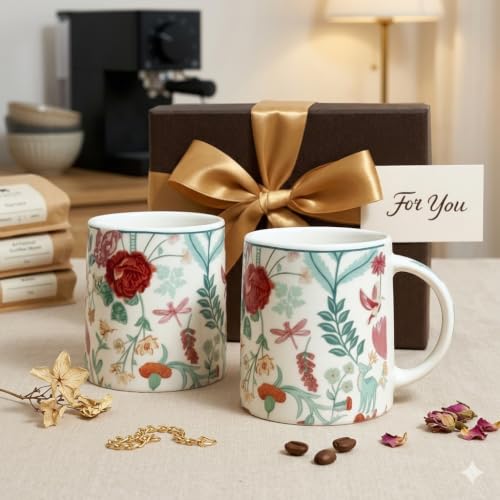 Image of Alive Multi Color Flowers Tea /Coffee Mug Set of 2 (300 ml) | Microwave & Dishwasher Safe |Premium Ceramic Mugs for Home, Office & Gifting