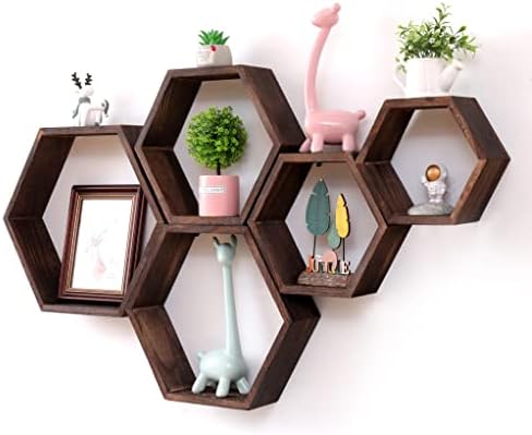 WONFUlity Hexagon Floating Shelves Set of 5, Honeycomb Shelves Wall Mounted Wood Farmhouse Storage Wall Shelf for Bathroom, Kitchen, Bedroom, Living Room,Driftwood Finish Wall Decor,Walnut