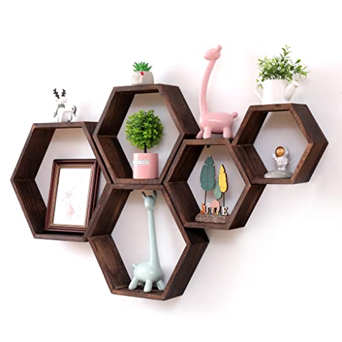 WONFUlity Lot de 5 étagères hexagonales pour montage mural, étagères flottantes en bois de ferme en nid d'abeille pour décoration murale, vis et chevilles...