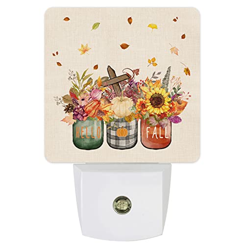 Image of Fall Vase Pumpkin Night Light Plug in LED Night Lamp Automatic Sensor Kids Night Lights,Thanksgiving Sunflower Floral Maple Leaves Autumn Night-Lights Plug into Wall for Bedroom Bath Kitchen Hallway