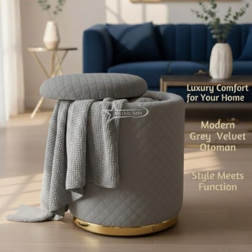 Image of Premium Round Storage Ottoman Stool 16 X 16X 19 inch, with Gold Metal Base | Luxury Pouffe with Hidden Storage | Cushioned Footrest for Living Room, Bedroom & Lounge Grey