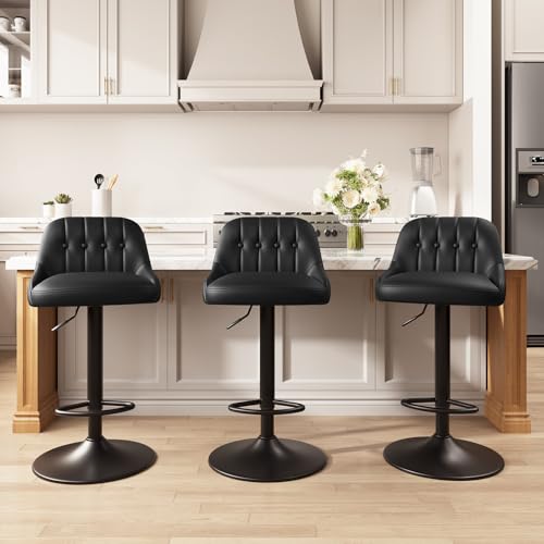 Butaco regulable giratorio MALOL, set de 3 unidades, tapizado en cuero sintético, altura ajustable, con respaldo y reposapiés, para isla de cocina, bar en casa y comedor, color negro miniatura 1