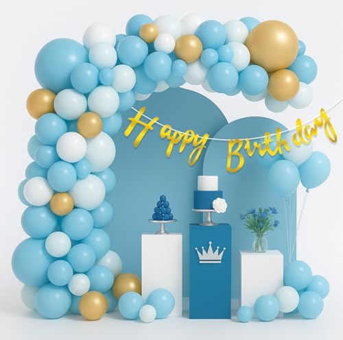 Image of Rozi Decoration Blue & Gold Birthday Decoration Set | 42-Piece Balloon Arch Kit with Cursive Happy Birthday Banner | Blue Theme Party Decorations for Boys