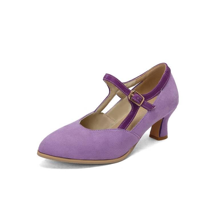 Women Vintage Mary Jane Shoes Pointed Toe Pumps Spool Heels with Belt Buckles