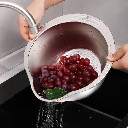 Image of Onrpix Multipurpose Stainless Steel Colander Basket for Washing Rice, Fruits, Vegetables, Grains, Strainer Drainer Bowl with Handle, The Kitchen Bowl (27CM)