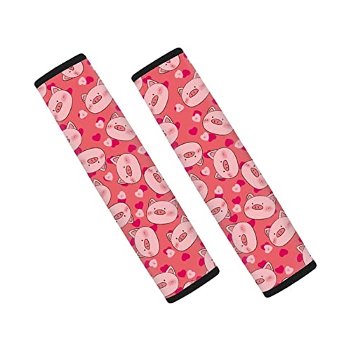 Dolyues Fundas para cinturón de seguridad de coche con estampado de cerdo de corazón rosa de dibujos animados para mujer, 2 piezas de conjunto de almohadillas para correa de hombro Cover
