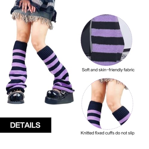 Image of Black and Purple Striped Leg Warmers for Women Girls,Y2K Leg Warmer Harajuku Fashion Knitted Leg Warmers Lolita Socks Kawaii 80s Party Accessories