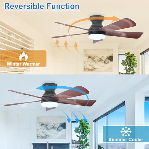 Image of Depuley 42-Inch Ceiling Fans with Light: Walnut 5 Blade Low Profile Ceiling Fan for Kitchen Bedroom - Flush Mount Ceiling Fan for Indoor /Outdoor with Remote Control Reversible Timer - 2 Packs