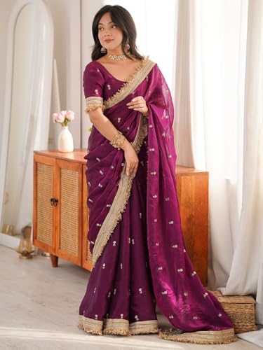 Image of AKHILAM Women's Shimmer Off White Georgette Sequence Embroidery Saree With Unstitched Blouse Piece
