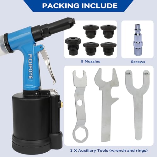 FICHFOYE Heavy Duty Pneumatic Rivet Gun, 3916lbs Rivet Gun Set- 3/32\", 1/8\", 5/32\", 3/16\", 1/4\" Air Riveter with NPT 1/4 inch for Automotive, Construction, Manufacturing Industries