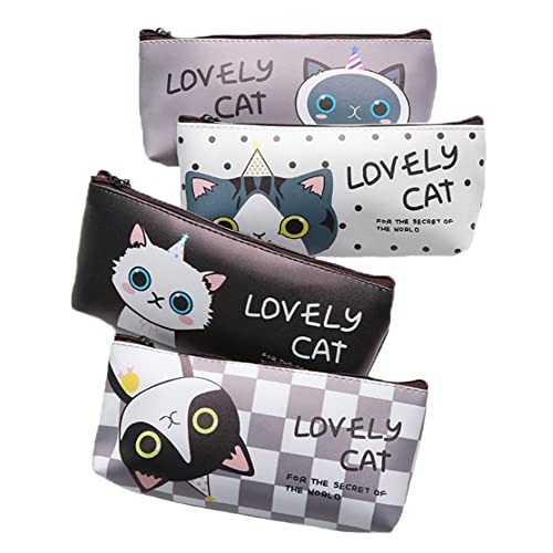 4 Pièces Trousse Crayon Chat, Plumier Chat Pencil Case Étudiant, Étui à Crayons Étanche en PU, Sac De Papeterie Enfants, Trousse De Maquillage, Trousse à Crayons pour École Bureau Et Art, 19 x 8,5 cm Cover