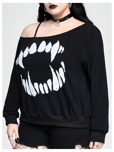 Verdusa Women's Plus Size Off The Shoulder Graphic Tee Long Sleeve Pullover Tops Gothic Clothes4