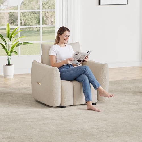 Image of OUYESSIR 38 inch Modern Accent Single Sofa Chair, Comfy Deep Seat Teddy Living Room Chair, Leisure Boucle Reading Sofa Arm Chair for Bedroom, Office, Apartment, Light Brown