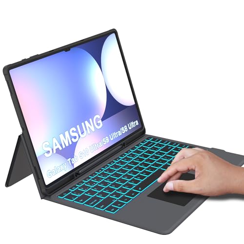 für 14 6 Samsung Galaxy Tab S10 Ultra/S9 Ultra/S8 Ultra Hülle mit Tastatur QWERTZ : 7-Farbige Beleuchtung Tastatur Hülle mit Smart Touchpad & S-Pen Halter - Auto Aufwachen/Schlafen Hülle Schwarz