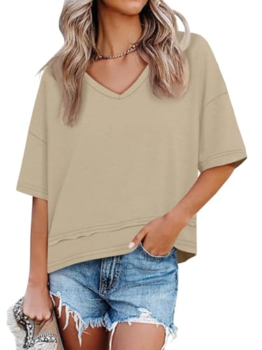Image of UNCLECAT Womens V Neck T Shirts Summer Trendy Loose Fit Casual Tops Tees