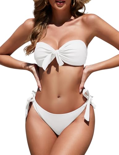 Zonsaoja Women Strapless Bandeau Bikini Set Knot Two Piece Swimsuit Side Tie Cheeky Bathing Suits - Main Image