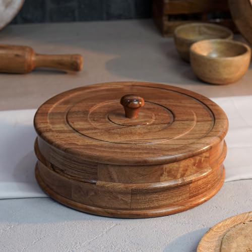 Image of Sanjeev Kapoor By OGGN Acacia Wood 9 x 9 x 2.7 Inch, Casserole for Roti Hot Case | Wooden Roti Box | Hot Case Casserole | Big Chapati Storage Box for Home & Kitchen - Premium Wood Elegant Design