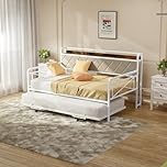 Bonnlo Daybed, Sofa Bed Double with LED and Outlet, Trundle Bed with Storage, Metal Bed Frame Fits 90 * 190 Mattress for Kids, Teens, Adults, Beige