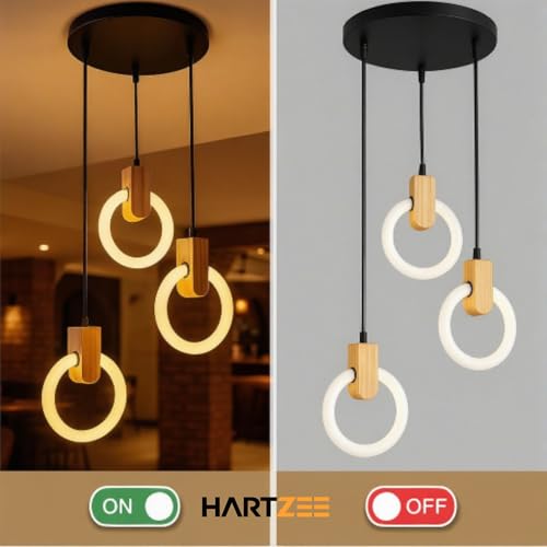 Image of Lunaris Orbit 2 Pack LED Chandelier 3 Ring Pendant Light | Modern Hanging Ceiling Lamp with Wooden Accent for Living Room, Dining Room, Bedroom, Restaurant & Cafe | 3000K Warm White Lighting