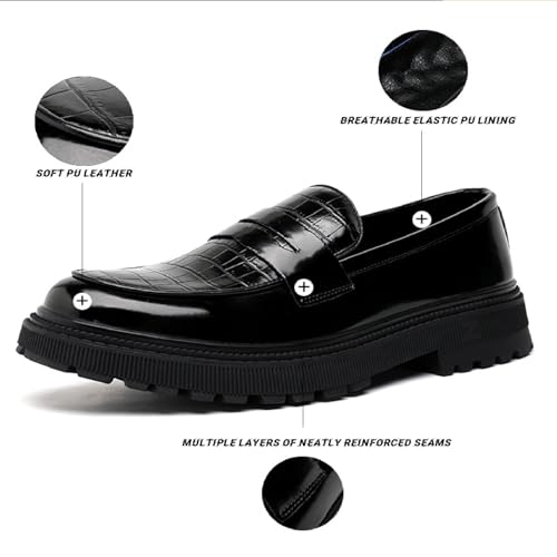 Mens Patent Leather Dress Penny Loafers Comfort Plaid Round Toe Slip On Platform Smoking Mocasines Formal Business Prom Shoes3