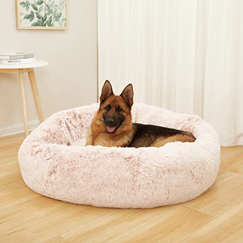 Image of Bedfolks Calming Donut Dog Bed, 45-Inch Round Plush Anti-Anxiety Dog Bed, Washable with Non-Slip Bottom (Pink, Extra Large)