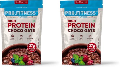 Image of Pro.Fitness 27g High Protein Oats (By MyFitness) | Dark Chocolate Oats with Almonds, Pumpkin Seeds and Raisin | Chocolate Rolled Oats with Jaggery - No Refined Sugar | Breakfast Cereals (Pack of 2)