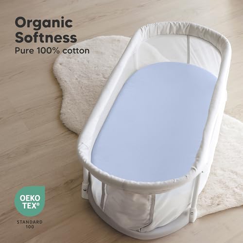 Image of 2pk Organic Baby Bassinet Sheets Boys, Girls, Fitted Sheet (Blue Flax) | 100% Cotton Bassinet Mattress Sheets, Compatible with Halo Bassinest Swivel Sleeper, Graco, Baby Delight, Universal Fitted