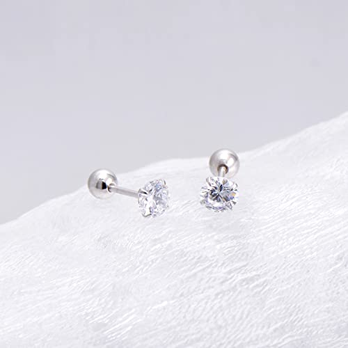 Screw Back Sterling Silver Cubic Zirconia Earrings Studs 3Mm, White Diamond Color #TOP2