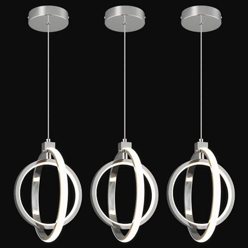 Image of Modern LED Chandelier Chrome Ring Pendant Light Fixtures 4000K Dimmable Height Adjustable Pendant Lighting for Dining Room Kitchen Island Bedroom Living Room Foyer(Chrome Round 3-Pack)