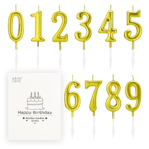 Beanlieve 10-Pieces Numeral Birthday Candles - Cake Numeral Candles Number 0-9 Glitter Cake Topper Decoration for Birthday,Wedding Anniversary,Party Celebration (Gold)