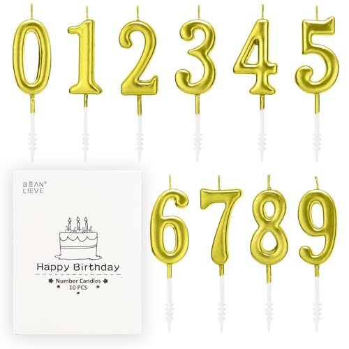 Beanlieve 10-Pieces Numeral Birthday Candles - Cake Numeral Candles Number 0-9 Glitter Cake Topper Decoration for Birthday,Wedding Anniversary,Party Celebration (Gold)