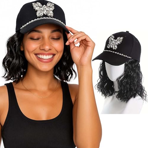 ELVAELFI 8-Inch Wavy Synthetic Hat Wig Black Short Bob Wig for Women Ago Baseball Cap with Hair Attached