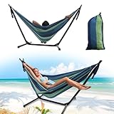 Hammock with Stand for Outside,Stable Space Saving Metal Stand 2 Person 600lbs Weight Capacity Hammock with Carrying Bag for Indoor & Outdoor(Blue)