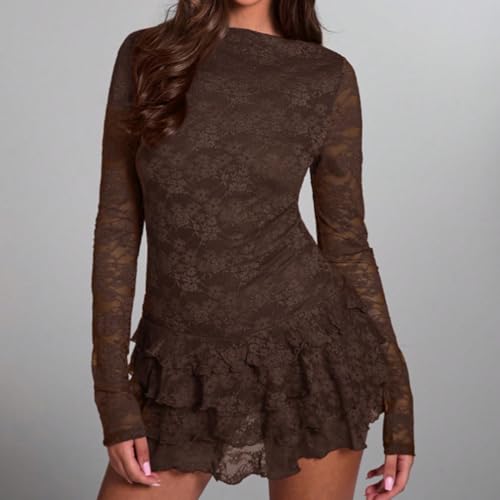 Women Boat Neck Floral Lace Ruffle Hem Layered Mini Dress Slim Fit Long Sleeve Party Cocktail A-Line Short Dress2