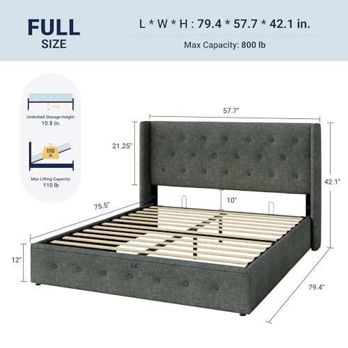 Image of Allewie Full Size Lift Up Storage Bed, Button Tufted Headboard with Wingback, Hydraulic Support, No Box Spring Needed, Dark Grey