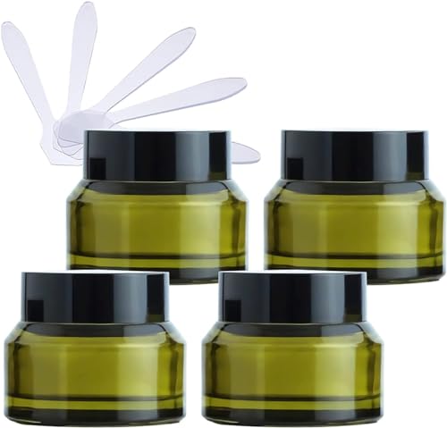 MYXJX tarros cosméticos Paquete de 4 tarros vacíos de Vidrio Verde for cosméticos, recipientes de Almacenamiento for Crema Facial, Botes con Tapa Negra y Revestimiento Interior, Bricolaje, 50ml