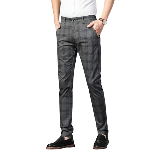 Men's Spring Plaid Elastic Slim Fit Business Straight Trendy Casual Pants
