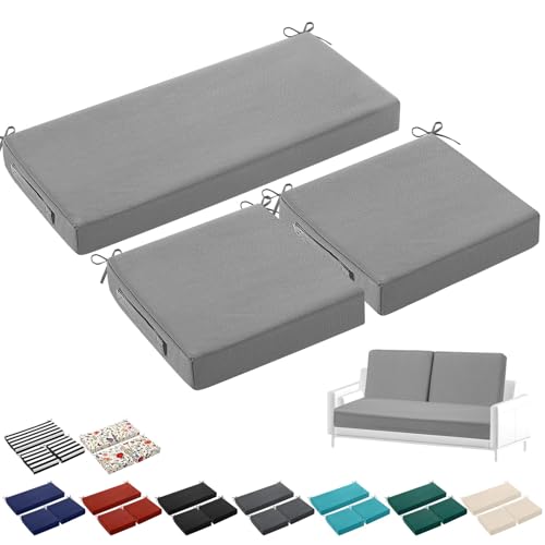 Leinuosen 3 Pcs Outdoor Chair Cushions Set 44 x 19 Inch Loveseat Waterproof Patio Furniture Love Seat Pad Cushions with Ties for Square Settee Indoor Sofa Wicker Couch Bench(Light Gray)