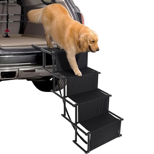 CALIYO Hundetreppe Auto Klappbar bis 75KG für Große Hunde, Höhenverstellbare 4-Stufen-Hundetreppe, Geeignet für Autos, Sofas und Betten, Gelenkschonende, sichere und stabile（Schwarz）