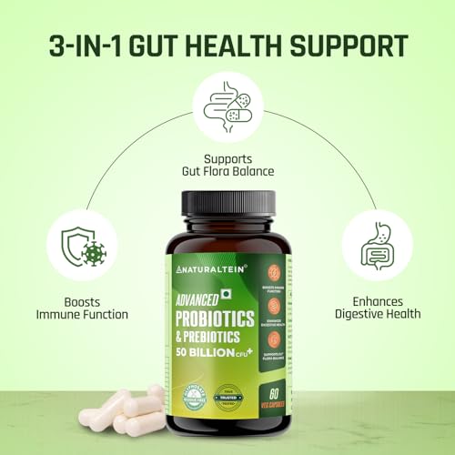 Image of NATURALTEIN Advanced Probiotics & Prebiotics 50 Billion CFU | 9-Strain Gut Health Formula for Digestion, Immunity & Nutrient Absorption | 60 Veg Capsules