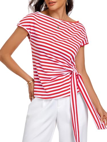 Image of HOTIAN Womens Cap Sleeve T Shirts 2026 Tie Waist Wrap Tops Crew Neck Blouses Dressy Casual Loose Work Business Dressy