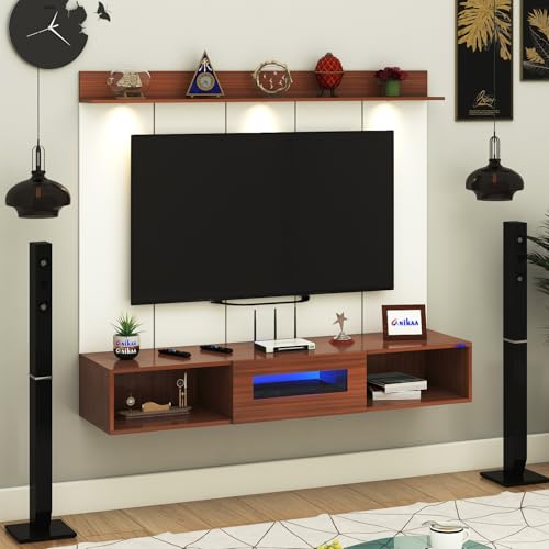Image of Anikaa Novus PVC Back Panel Wall Mounted TV Unit with Spot & Blue Ambient LED Light - Acrylic Storage Box, Display Shelf & Soft-Close Hinges | Ideal for UP to 50 Inch TV (Walnut - DIY Installation)