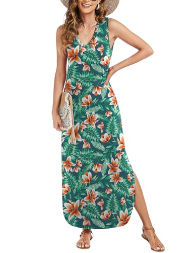 Image of Arolina Maxi Dress for Women Tropical Summer V Neck Sleeveless Split Long Beach Dresses Casual Loose Sundress with Pockets