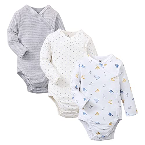 Image of DEFAHN Baby Side Snap Bodysuit Kimono Onsies Newborn Boy Girl 3-Pack 100% Cotton Basic Pattern Kimono Bodysuits