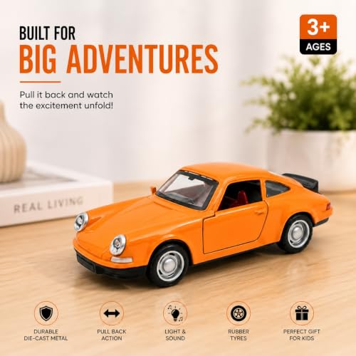 Image of 1:36 Scale Porscha 911 Die-Cast Alloy Toy Car - Pull-Back Metal Sports Car with Openable Doors, LED Lights & Sound - Collectible Model for Kids, Boys & Enthusiasts (Orange)